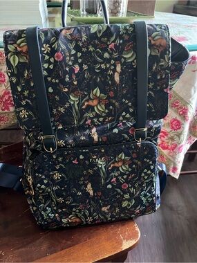 Fable England Dark Navy Floral Botanical Backpack with Gold Accents